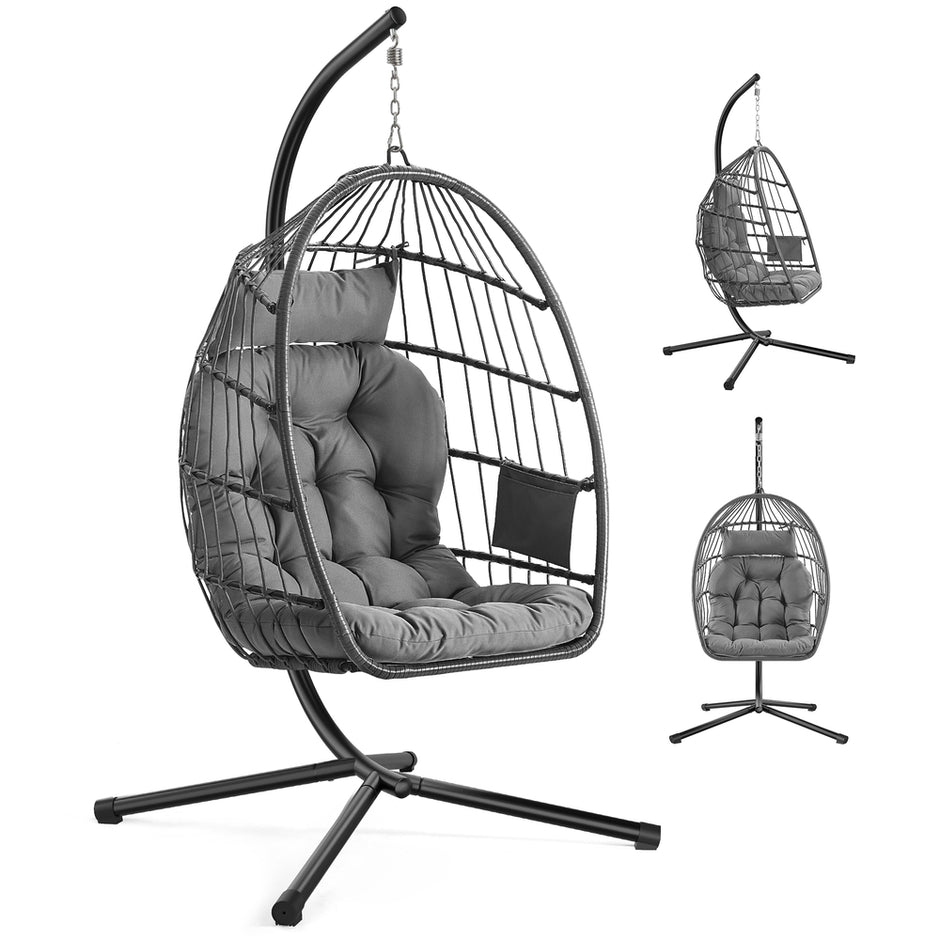 Outdoor Hanging Egg Chair - 38.6L x 40.6W x 76.8H - Steel, Velvet - Foldable Basket - Height-Adjustable