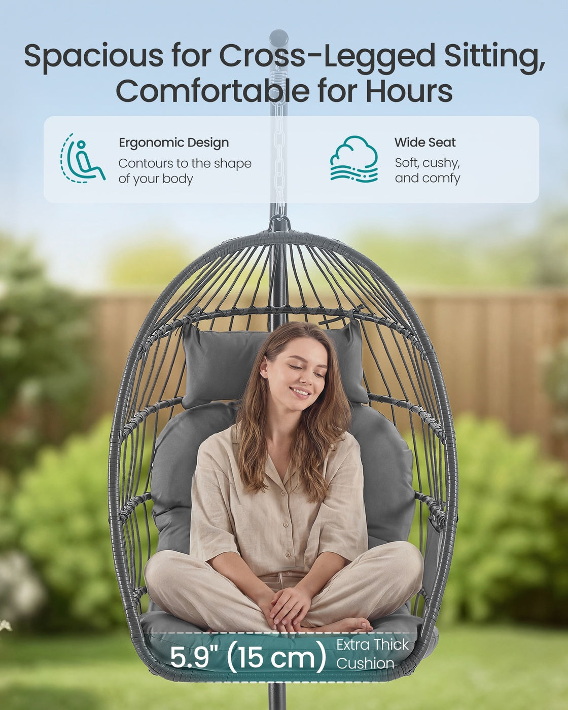 Outdoor Hanging Egg Chair - 38.6L x 40.6W x 76.8H - Steel, Velvet - Foldable Basket - Height-Adjustable