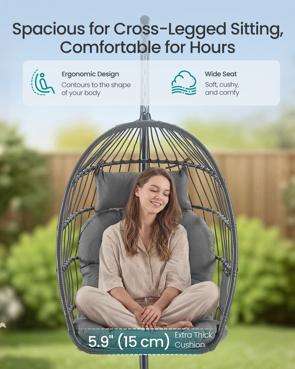 Outdoor Hanging Egg Chair - 38.6L x 40.6W x 76.8H - Steel, Velvet - Foldable Basket - Height-Adjustable