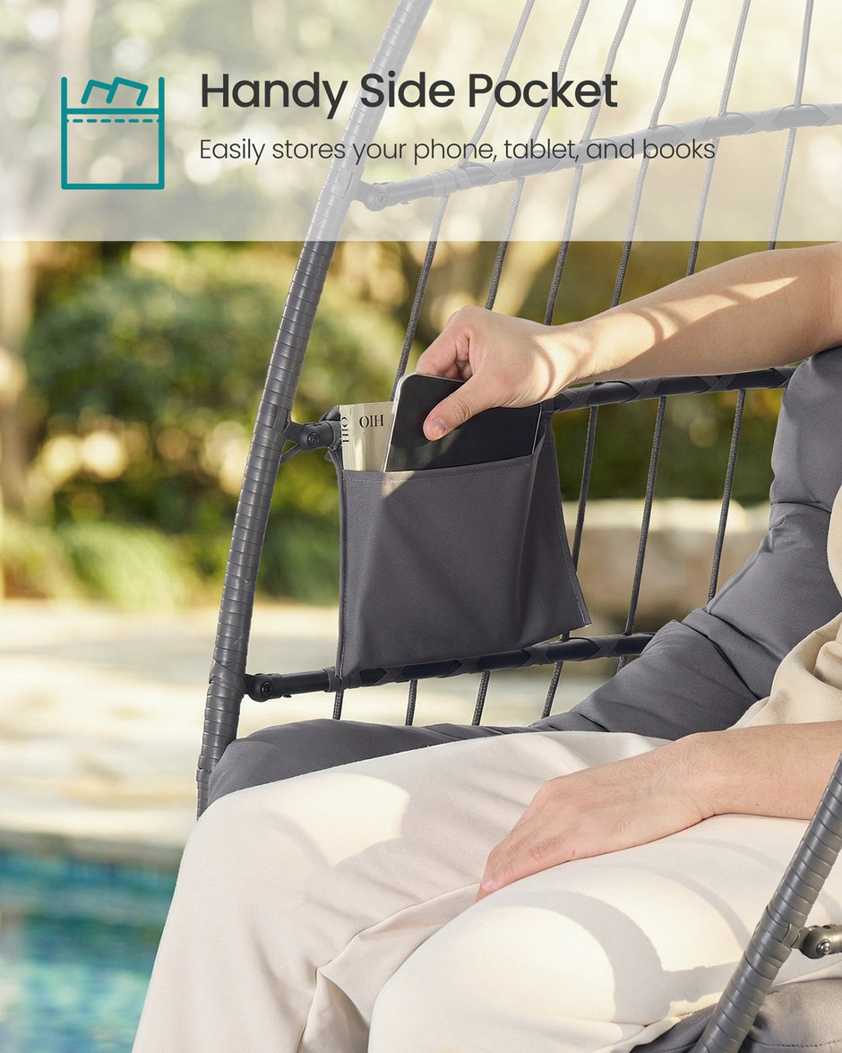 Outdoor Hanging Egg Chair - 38.6L x 40.6W x 76.8H - Steel, Velvet - Foldable Basket - Height-Adjustable