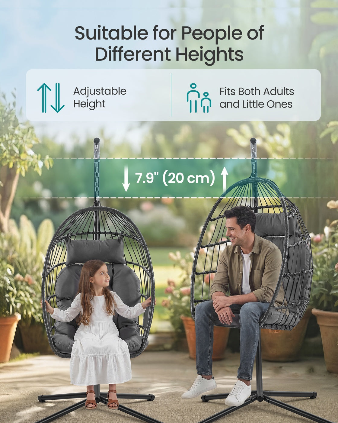 Outdoor Hanging Egg Chair - 38.6L x 40.6W x 76.8H - Steel, Velvet - Foldable Basket - Height-Adjustable