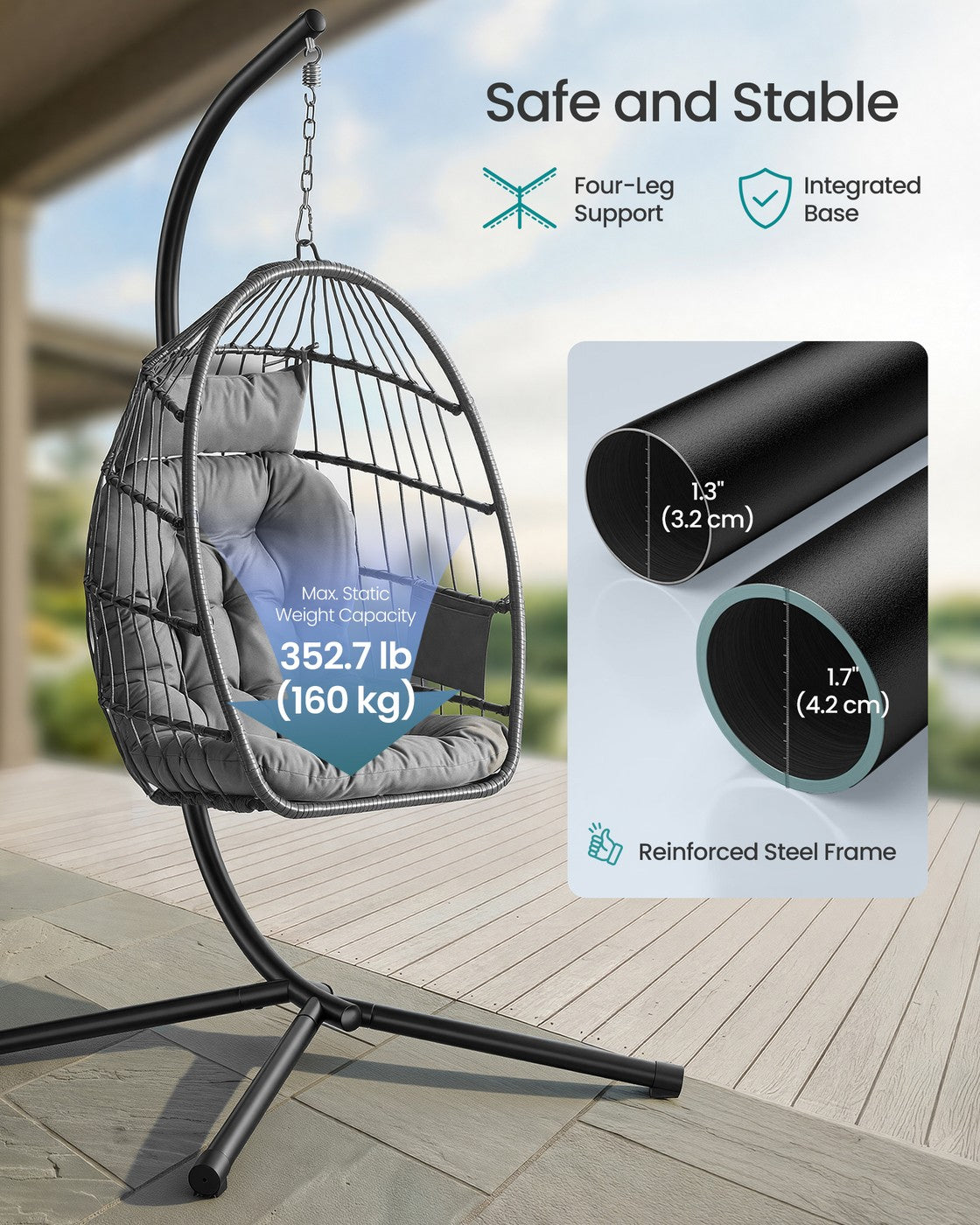 Outdoor Hanging Egg Chair - 38.6L x 40.6W x 76.8H - Steel, Velvet - Foldable Basket - Height-Adjustable