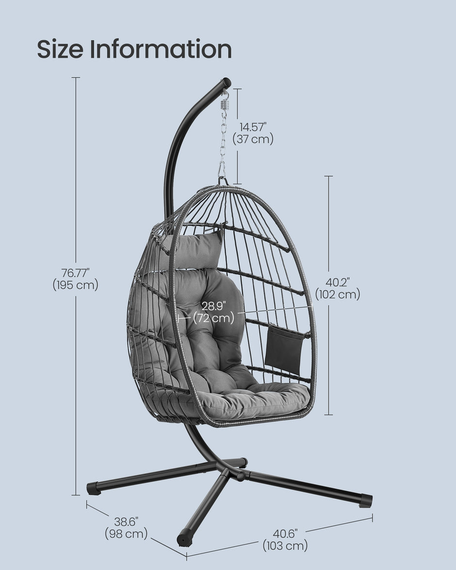Outdoor Hanging Egg Chair - 38.6L x 40.6W x 76.8H - Steel, Velvet - Foldable Basket - Height-Adjustable
