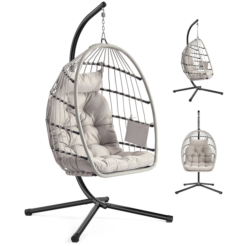 Outdoor Hanging Egg Chair - 38.6L x 40.6W x 76.8H - Steel, Velvet - Foldable Basket - Height-Adjustable
