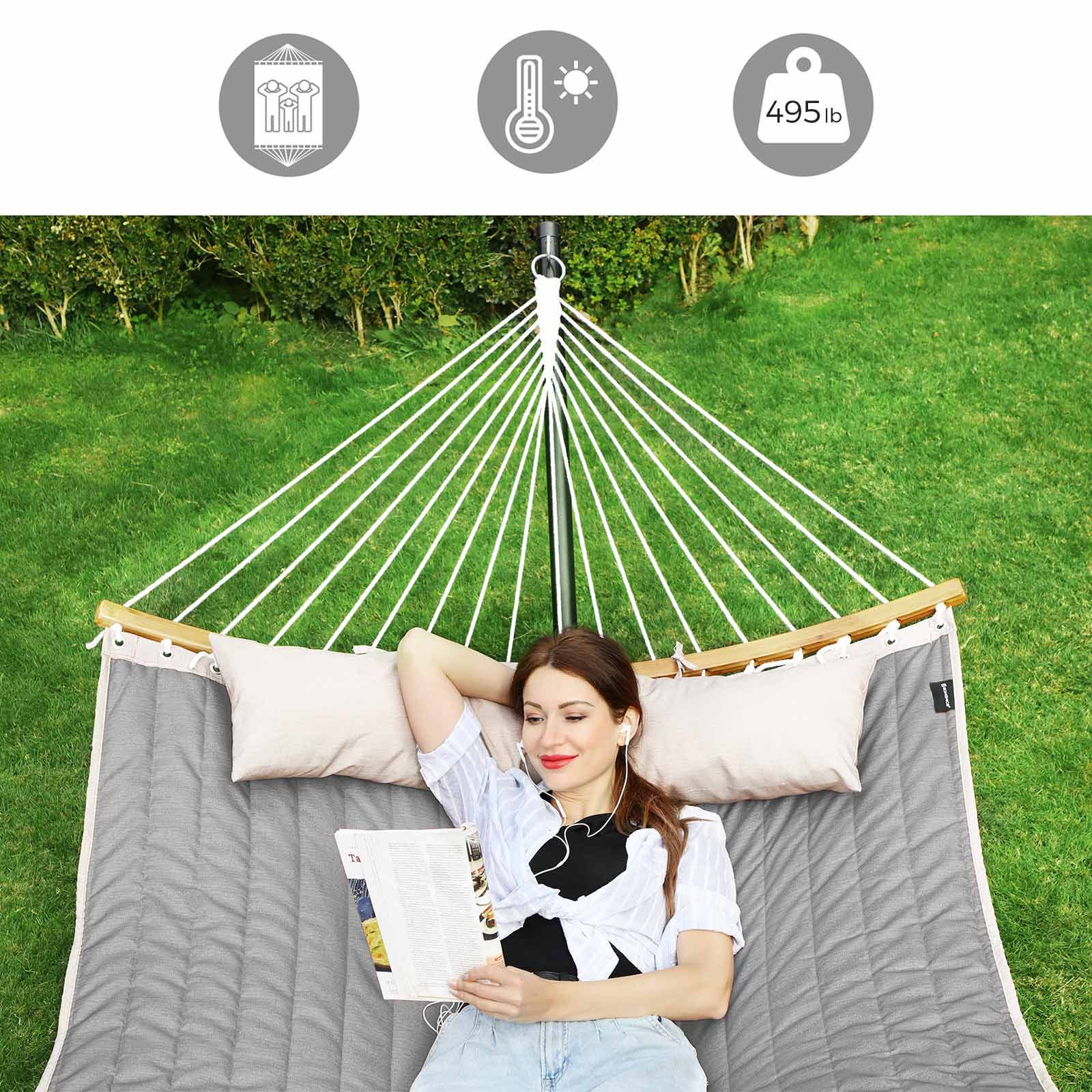 Double Hammock – Oxford Fabric – Gray – Padded with Detachable Bamboo Spreader Bars and Pillow