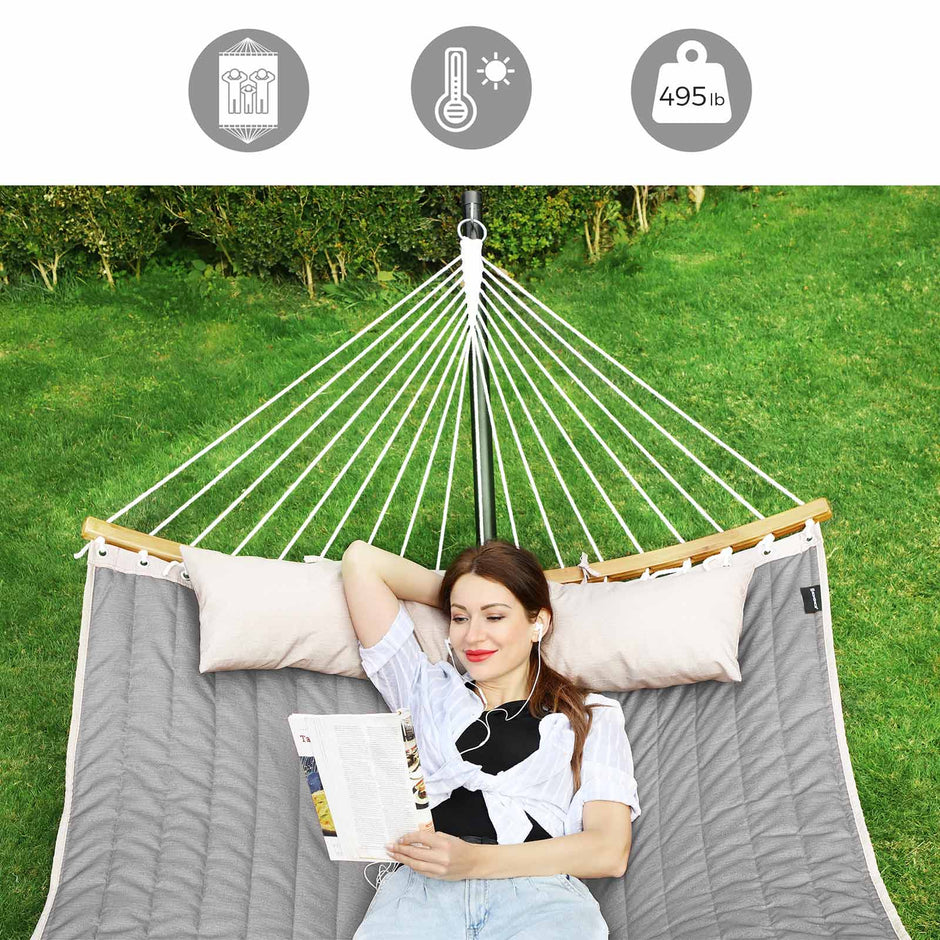 Double Hammock – Oxford Fabric – Gray – Padded with Detachable Bamboo Spreader Bars and Pillow