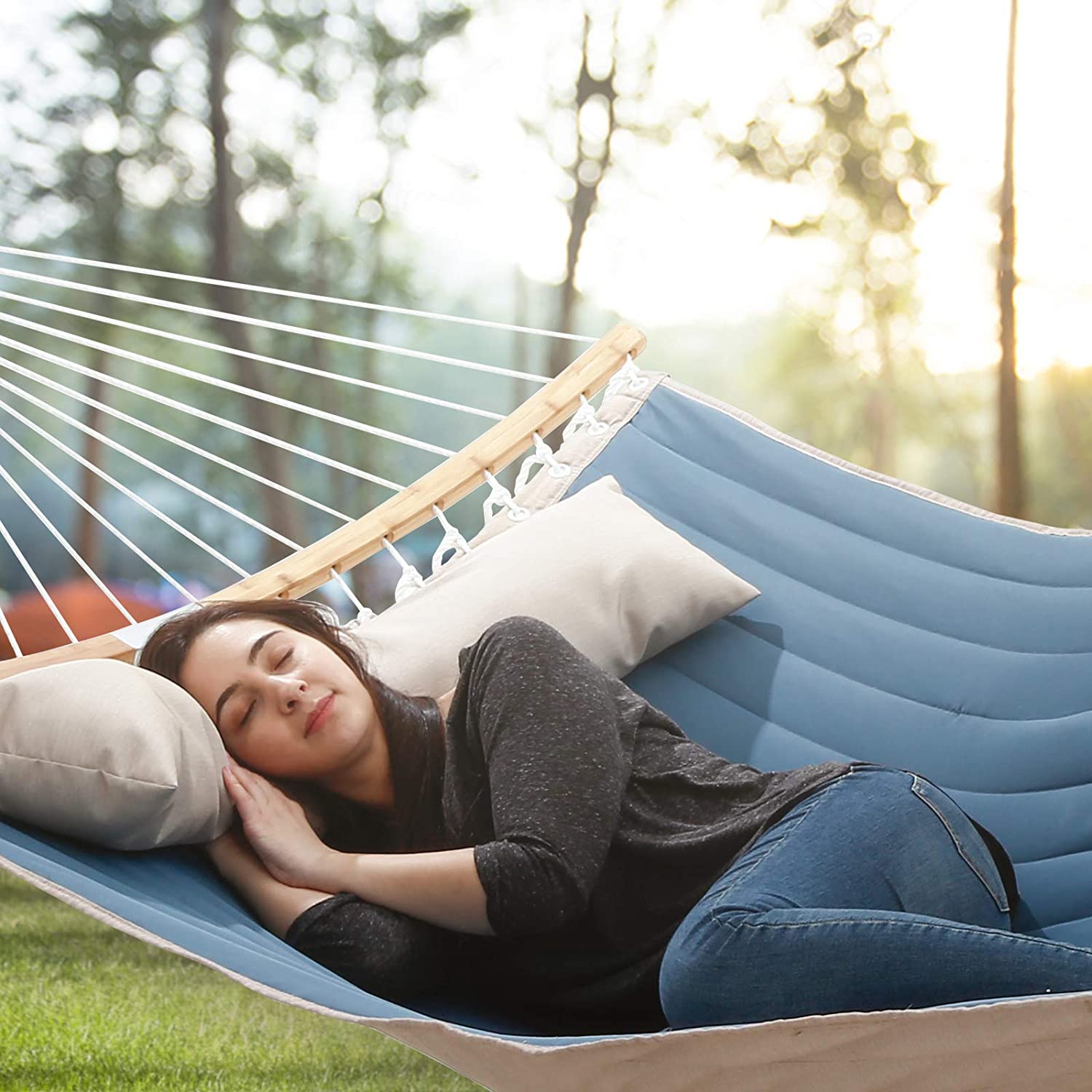 Double Hammock – Oxford Fabric – Blue – Quilted with Pillow and Bamboo Spreader Bars