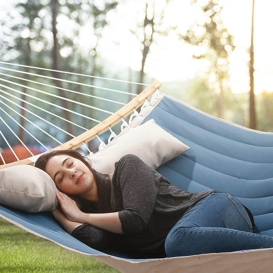 Double Hammock – Oxford Fabric – Blue – Quilted with Pillow and Bamboo Spreader Bars