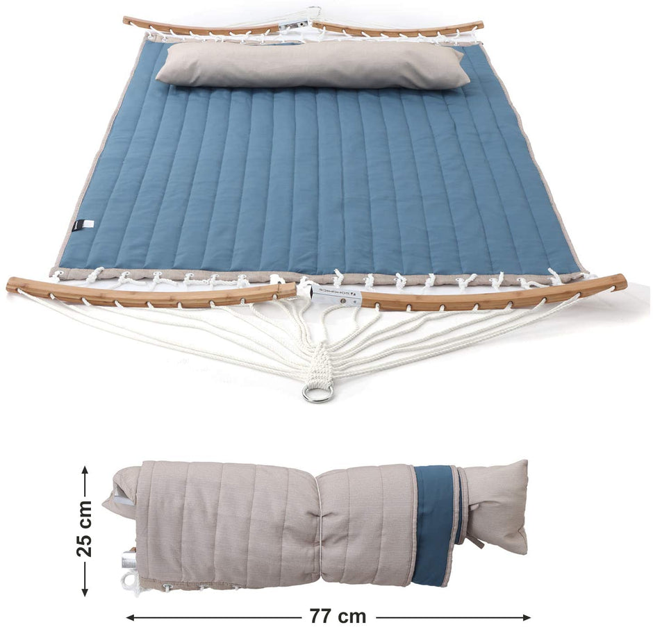 Double Hammock – Oxford Fabric – Blue – Quilted with Pillow and Bamboo Spreader Bars