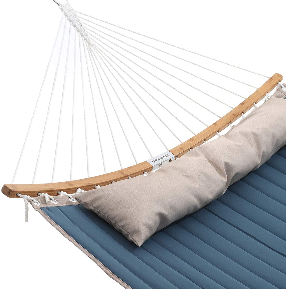 Double Hammock – Oxford Fabric – Blue – Quilted with Pillow and Bamboo Spreader Bars