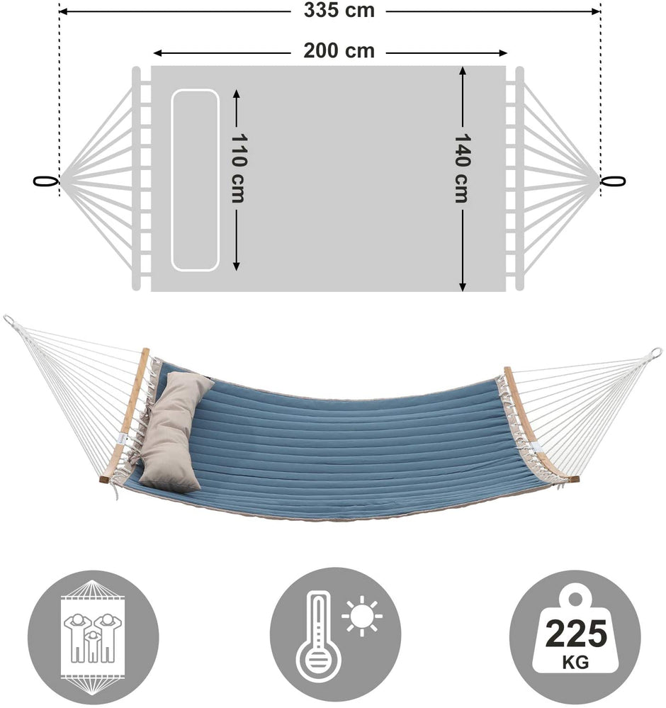 Double Hammock – Oxford Fabric – Blue – Quilted with Pillow and Bamboo Spreader Bars