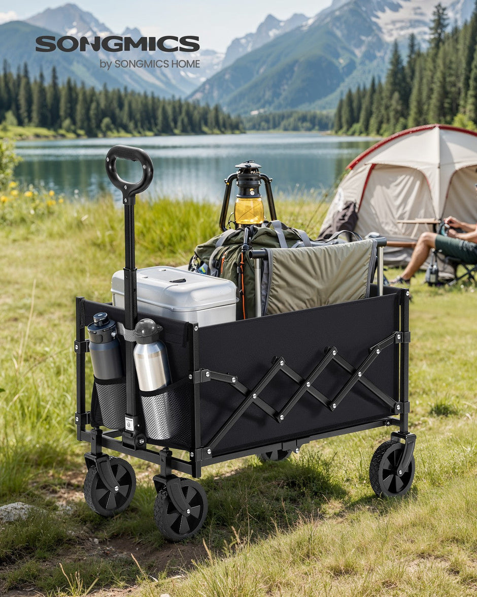 Folding Garden Cart – Steel – Slate Grey – 4 Reinforced Wheels and Adjustable Handle