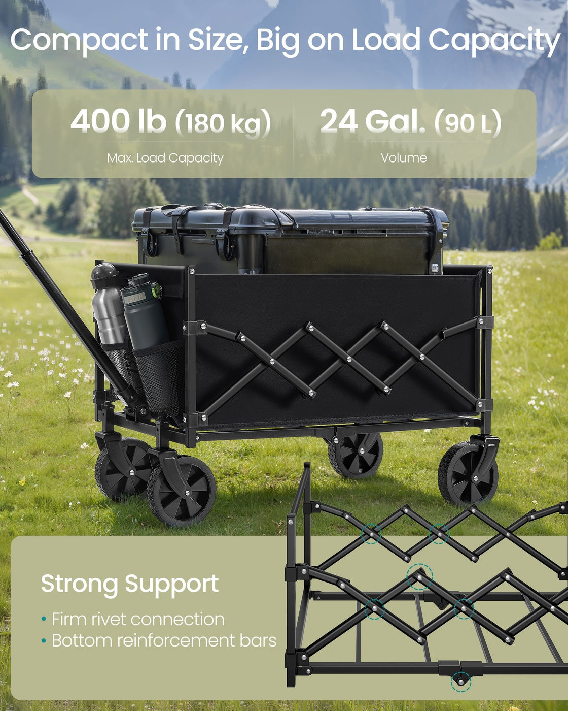 Folding Garden Cart – Steel – Slate Grey – 4 Reinforced Wheels and Adjustable Handle