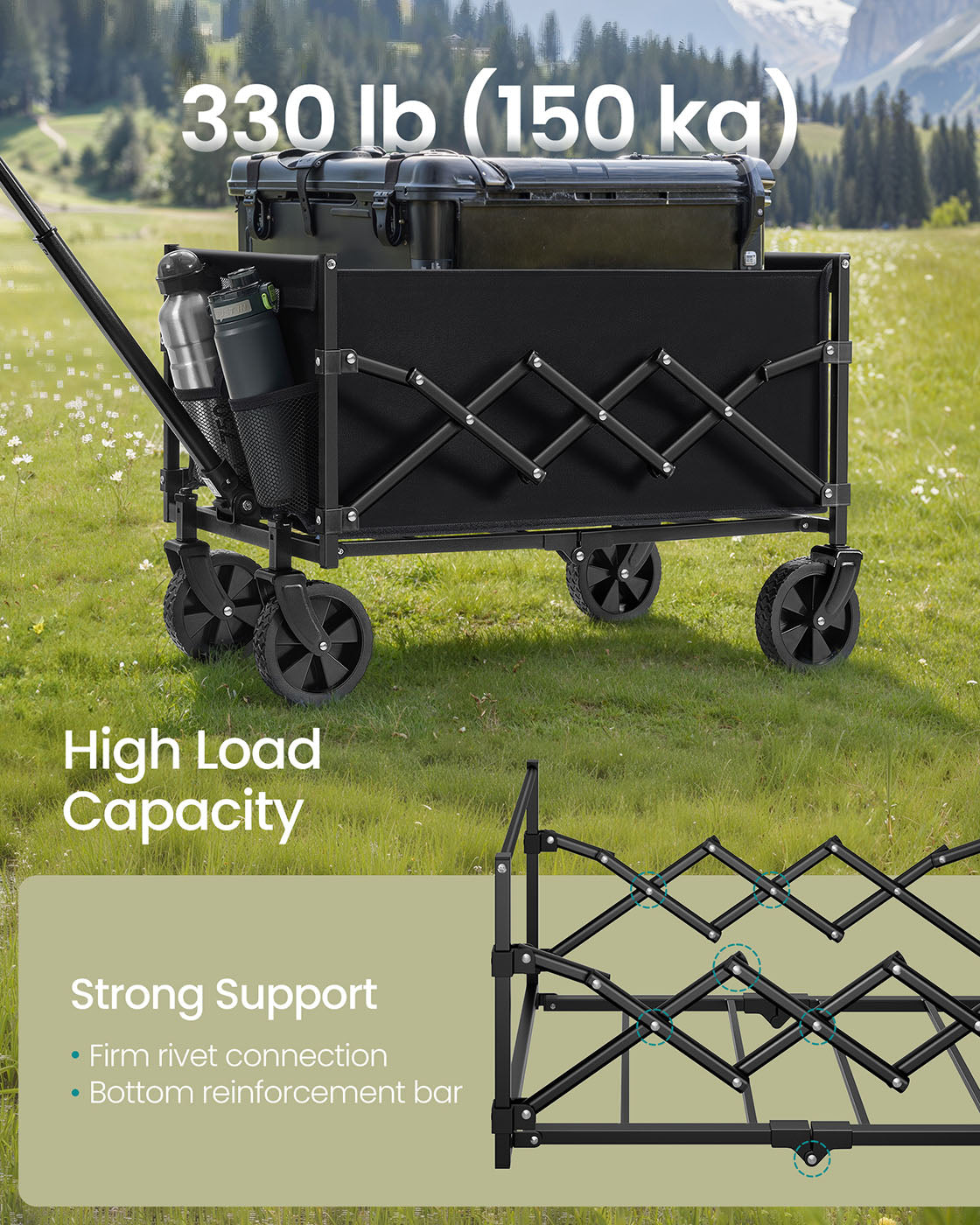Foldable Camping Trolley – Fabric – Ink Black – Heavy-Duty, Compact Design with 4 Reinforced Wheels