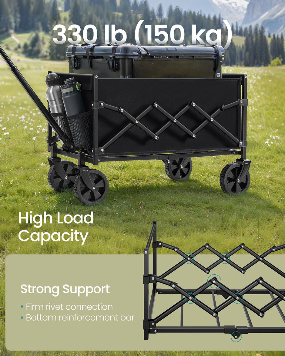 Foldable Camping Trolley – Fabric – Ink Black – Heavy-Duty, Compact Design with 4 Reinforced Wheels
