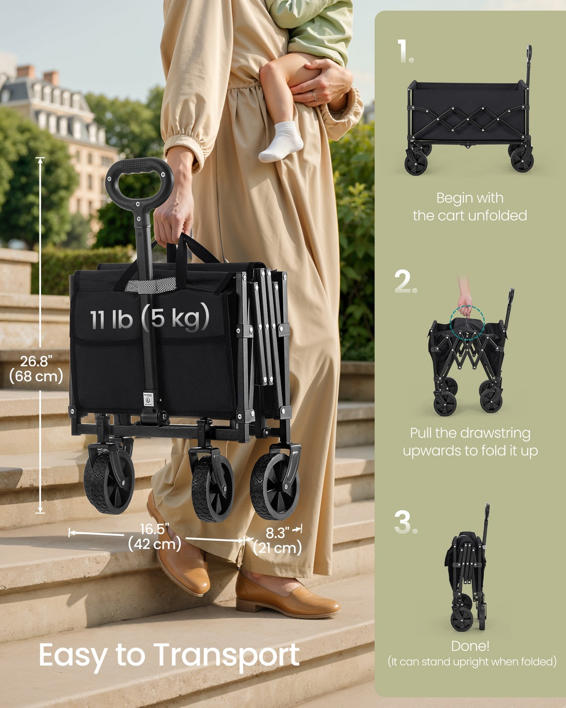 Folding Garden Cart – Steel – Slate Grey – 4 Reinforced Wheels and Adjustable Handle
