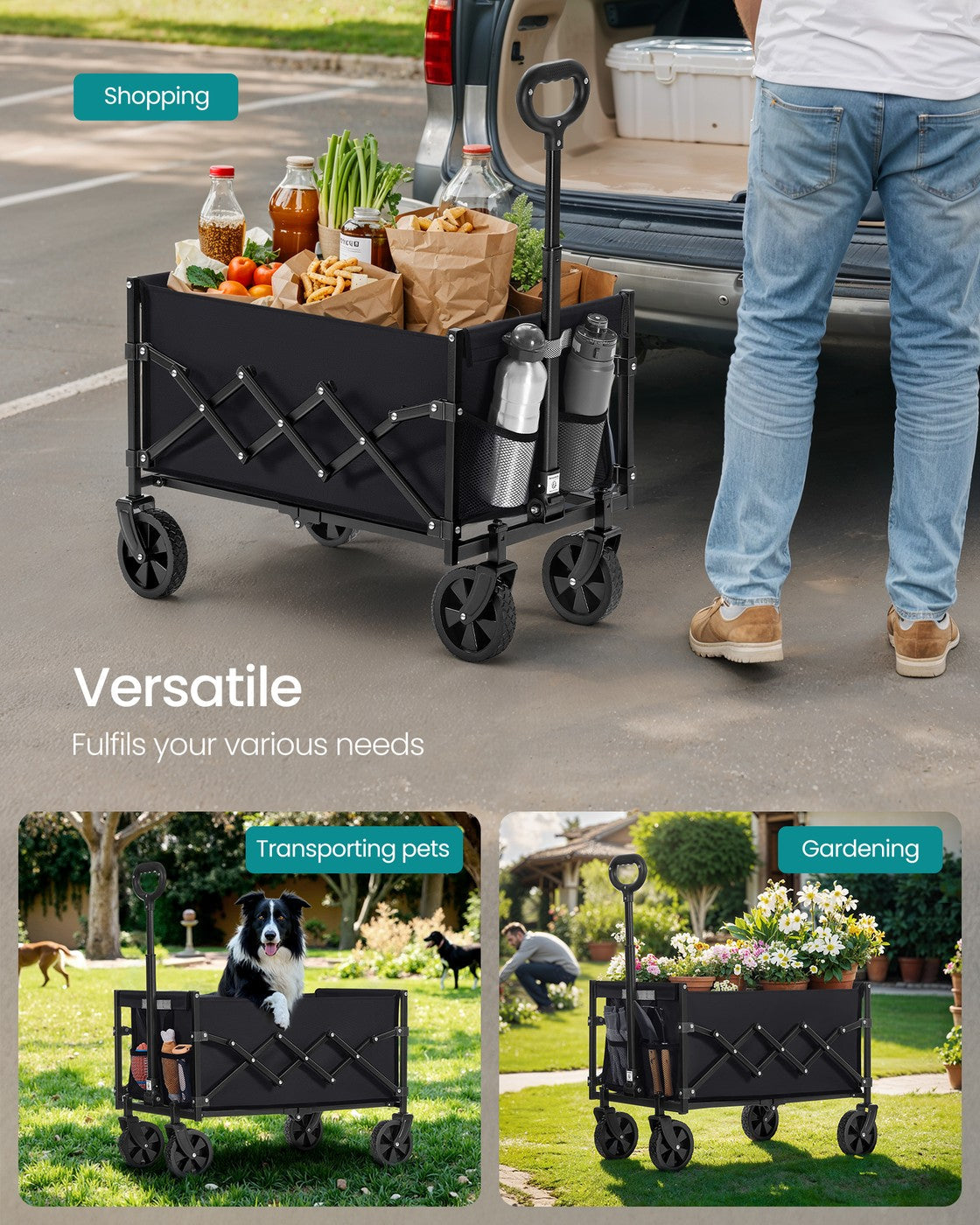 Folding Garden Cart – Steel – Slate Grey – 4 Reinforced Wheels and Adjustable Handle
