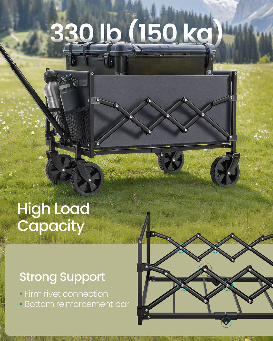 Foldable Camping Trolley – Steel – Slate Grey – 4 Reinforced Wheels, Compact Design