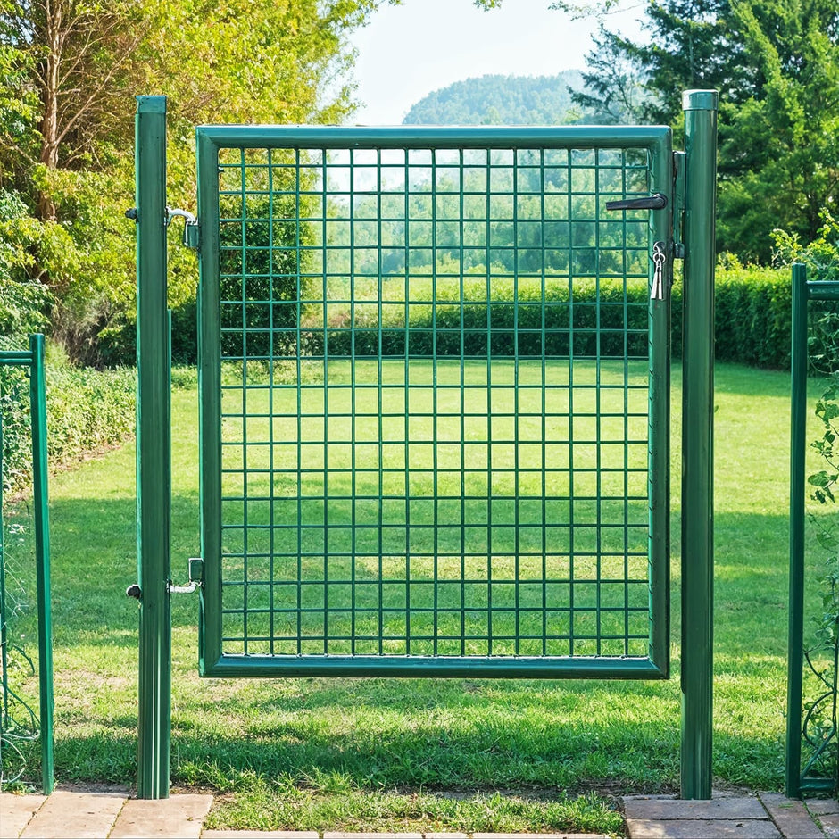 Garden Door – Metal – Green – Lockable Outdoor Gate with Fence, 106 x 100 cm