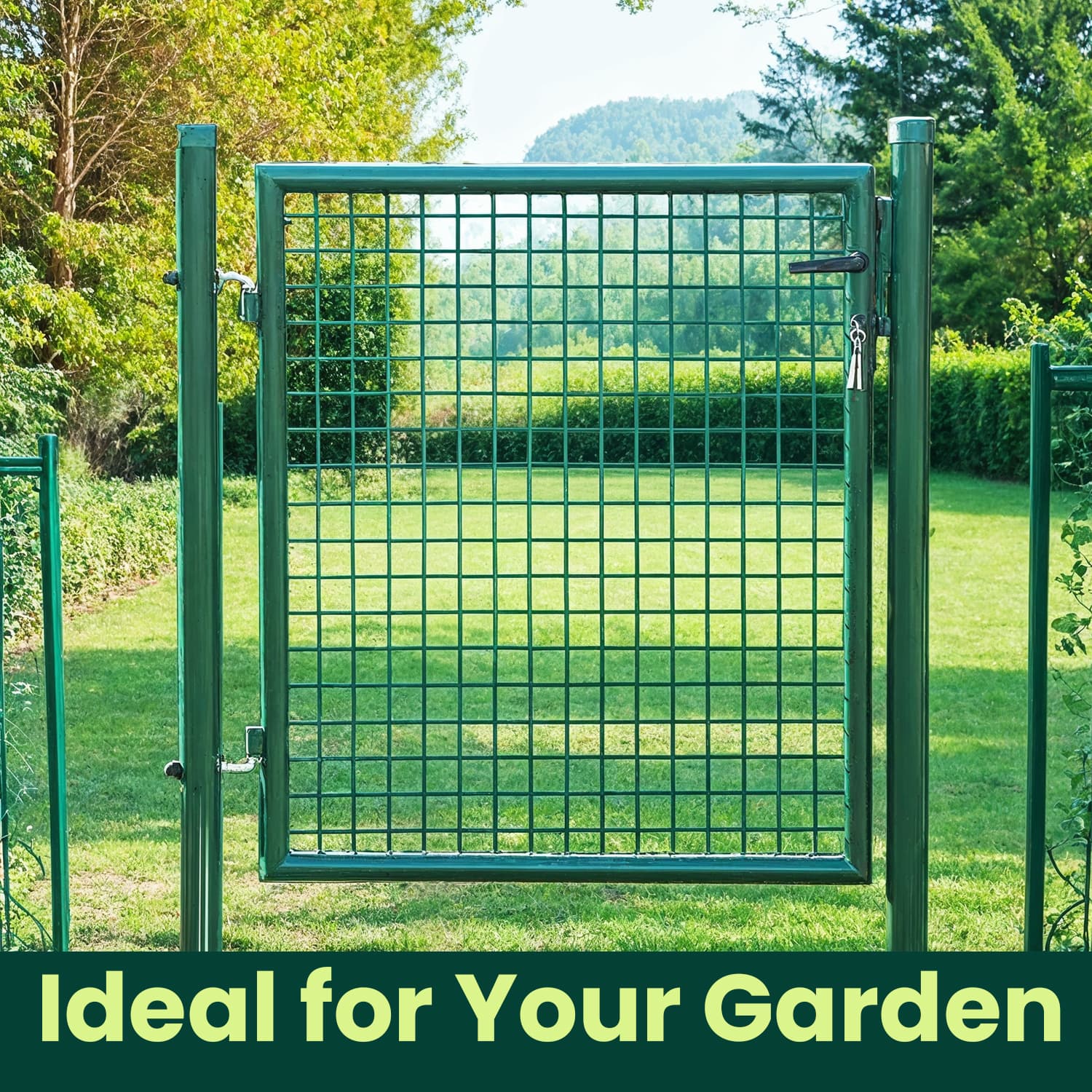 Garden Door – Metal – Green – Lockable Outdoor Gate with Fence, 106 x 100 cm