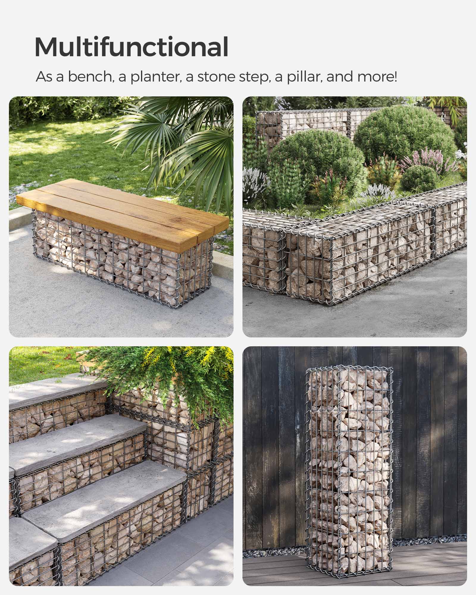 Gabion Wire Basket – Galvanized Steel – 100 x 30 x 30 cm – 4 mm Wire Diameter, 10 x 5 cm Mesh Size