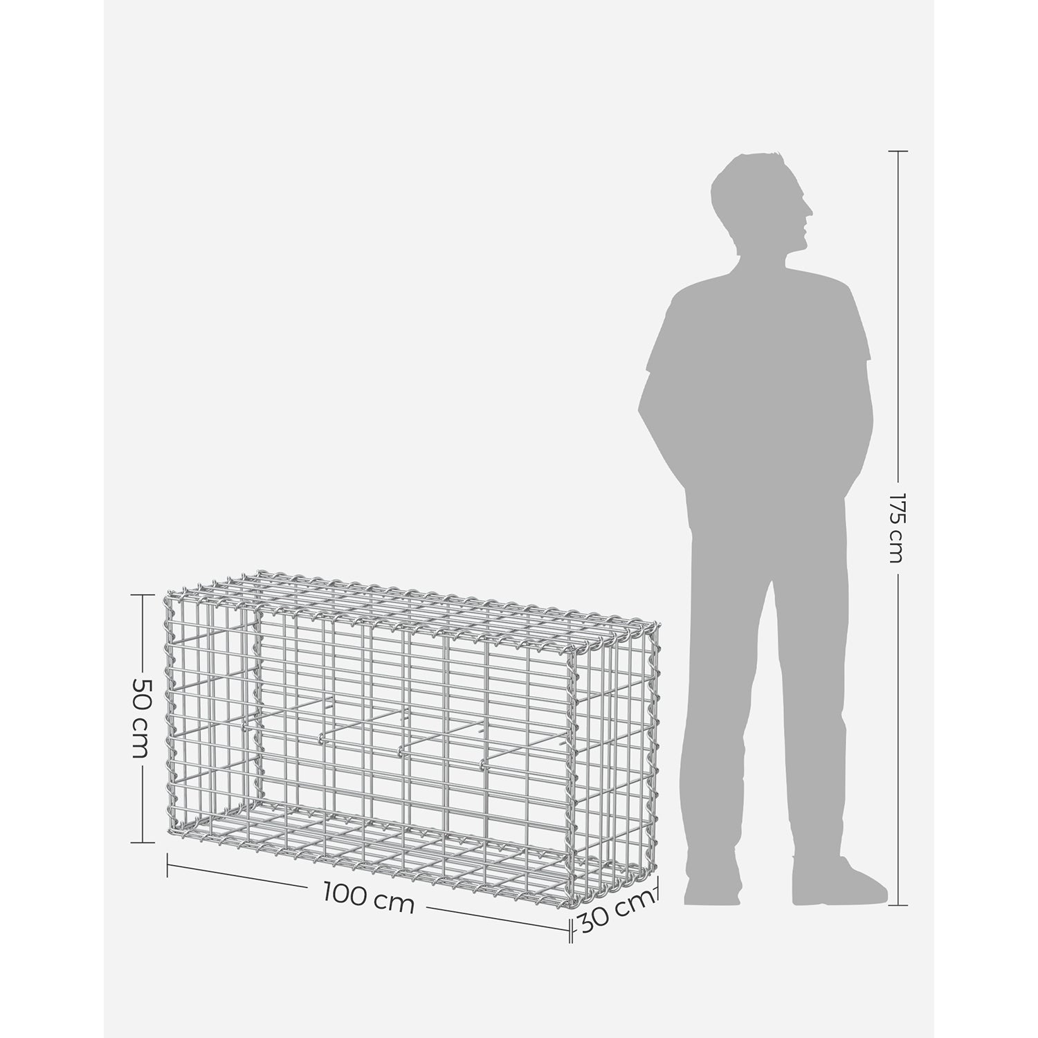 Gabion Basket – Galvanized Metal – Silver – Durable Wire Mesh 10 x 5 cm, 100 x 50 x 30 cm