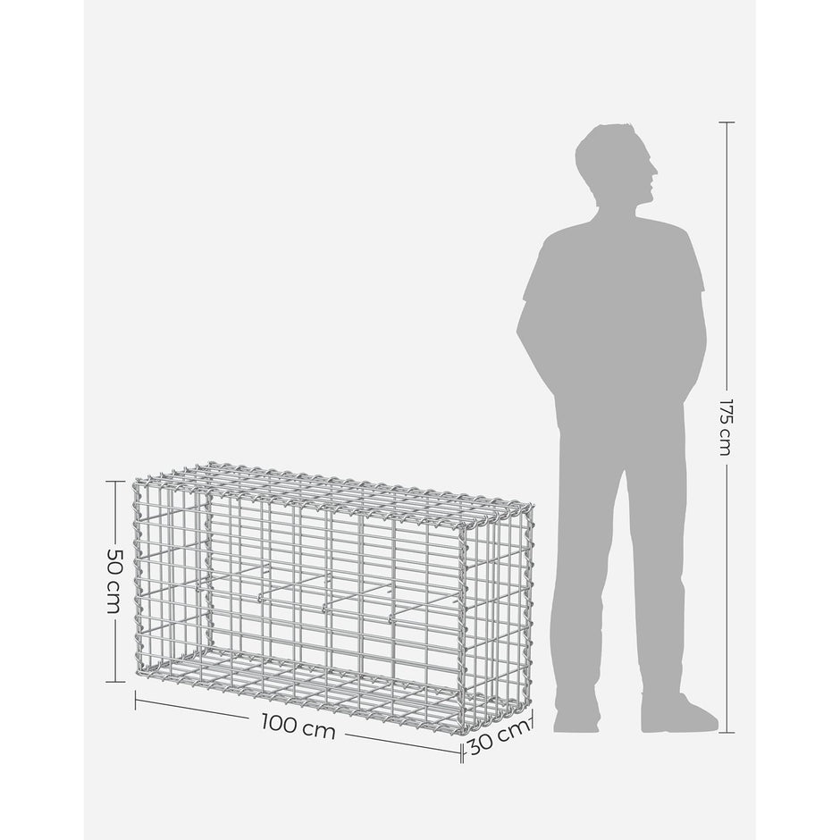 Gabion Basket – Galvanized Metal – Silver – Durable Wire Mesh 10 x 5 cm, 100 x 50 x 30 cm