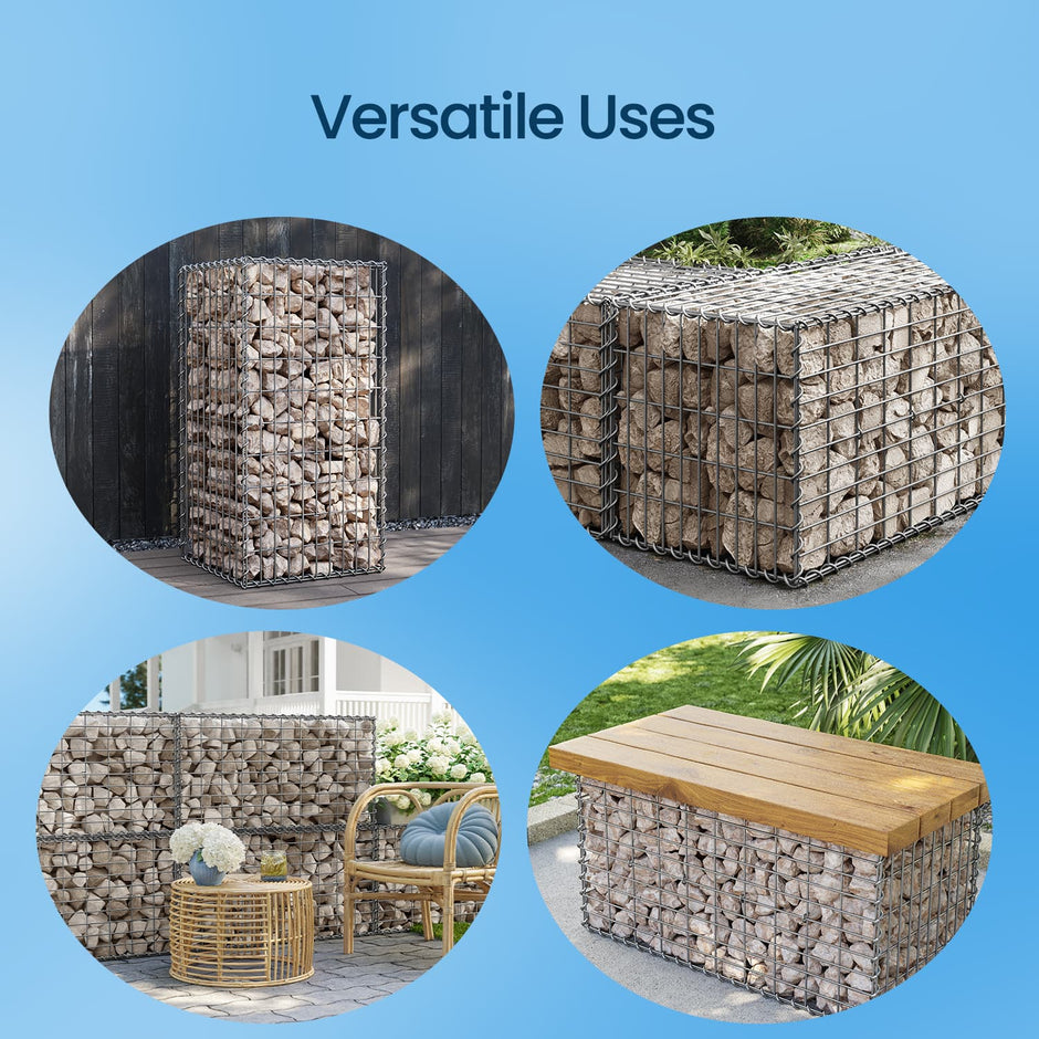 Metal Gabion Cage Basket – Galvanized Steel – Silver – Set of 3 with 5 x 10 cm Mesh for Garden Fence Wall Partition, 100 x 50 x 50 cm