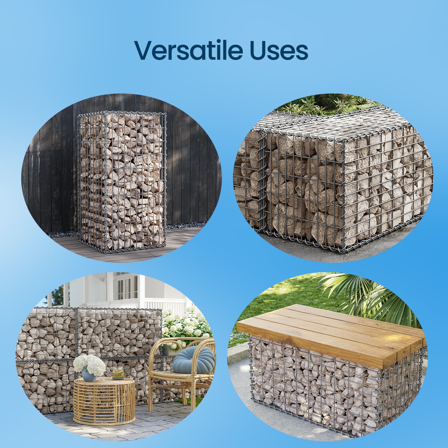 Metal Gabion Cage Basket – Silver – Set of 4 – 5 x 10 cm Mesh for Garden Fence Wall Partition