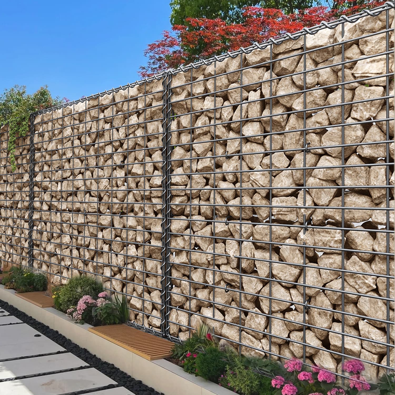 Gabion Baskets – Metal – Silver – Set of 4 with 5 x 10 cm Mesh for Stones and Garden Fencing