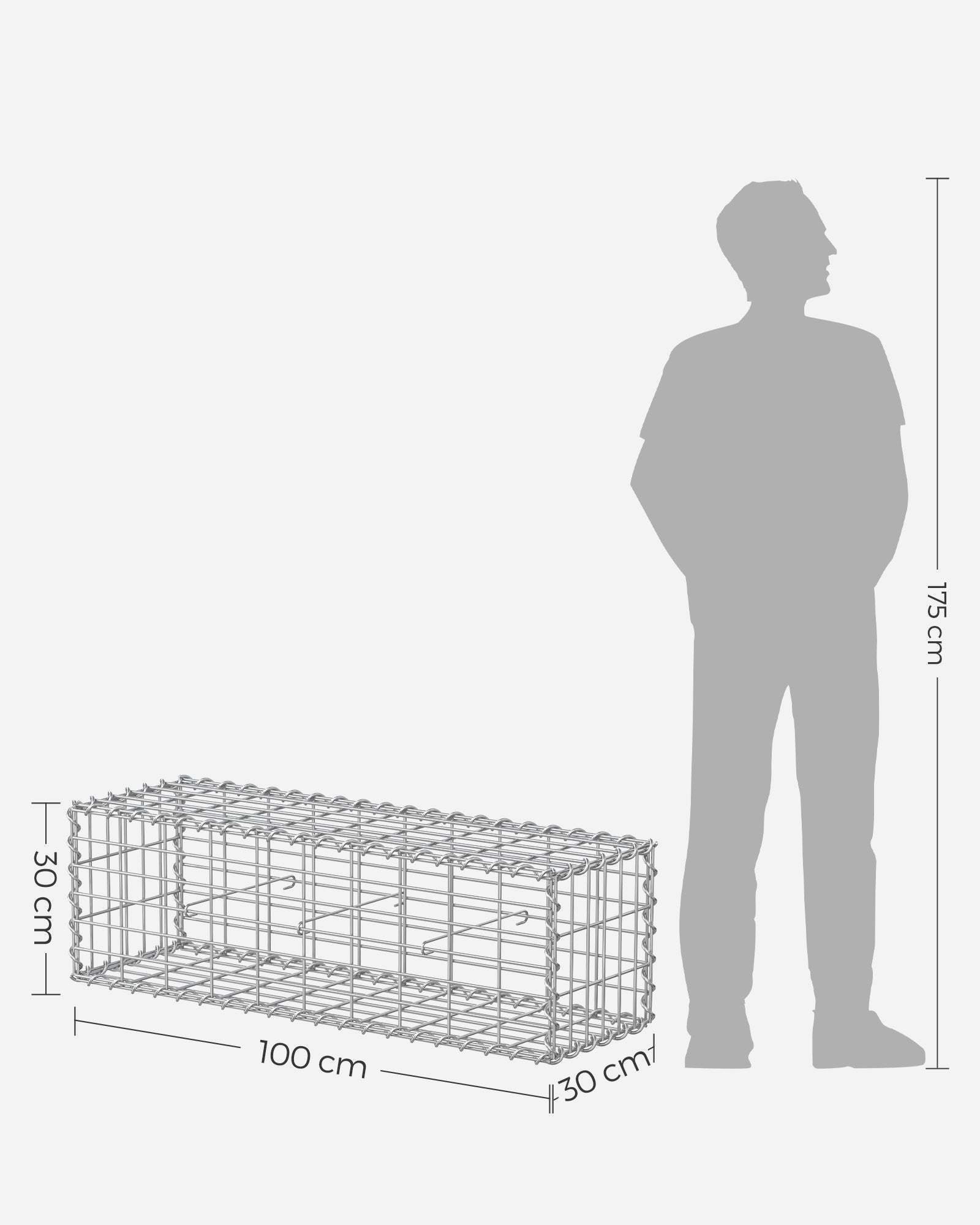 Gabion Cage – Galvanized Metal – Silver – 100 x 30 x 30 cm with 10 x 5 cm Mesh