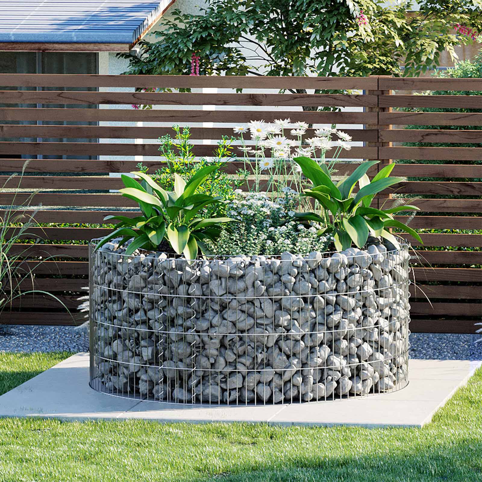 Round Metal Gabion Cage – Galvanised Steel – Silver – Rust-Resistant for Garden Decoration