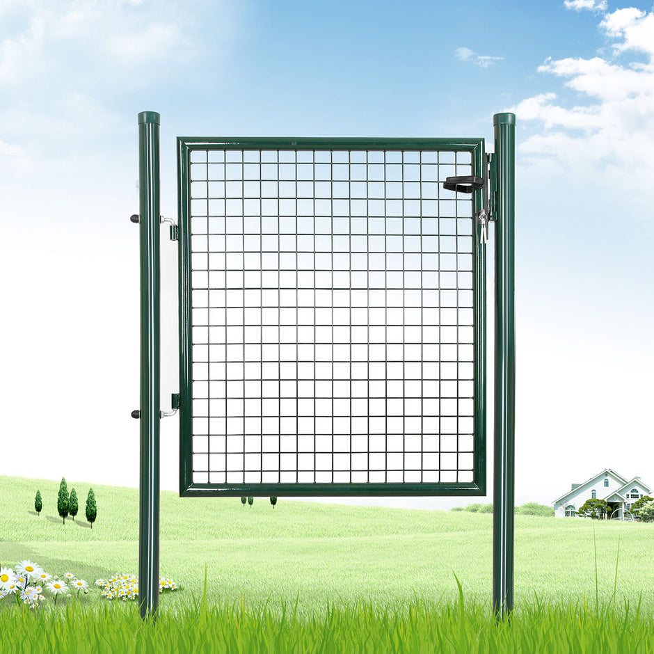 Galvanised Metal Garden Gate – Steel – Silver – Includes Lock, 150 x 106 x 6 cm