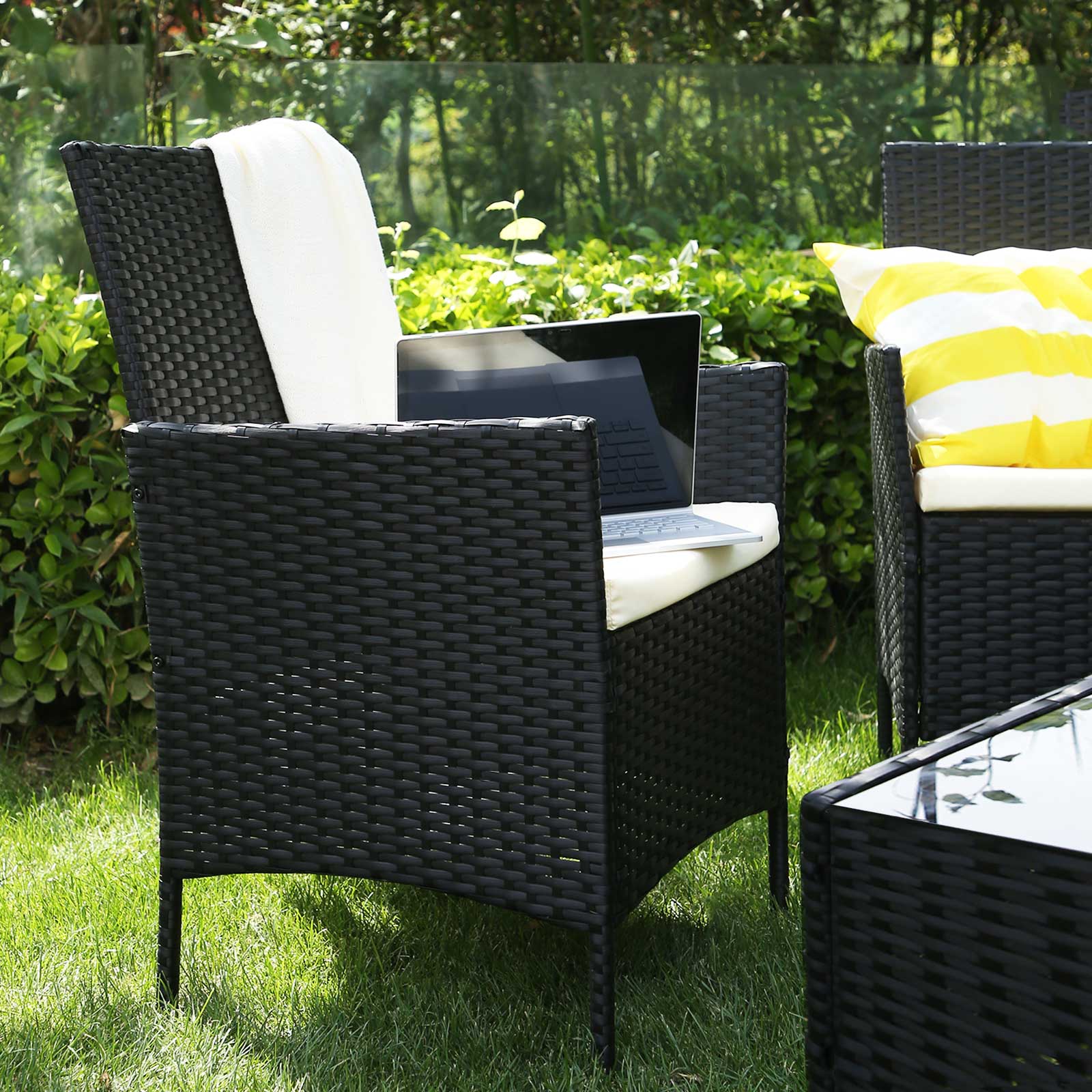 Garden Furniture Set – Polyrattan – Black and Beige – Outdoor Patio and Conservatory Use