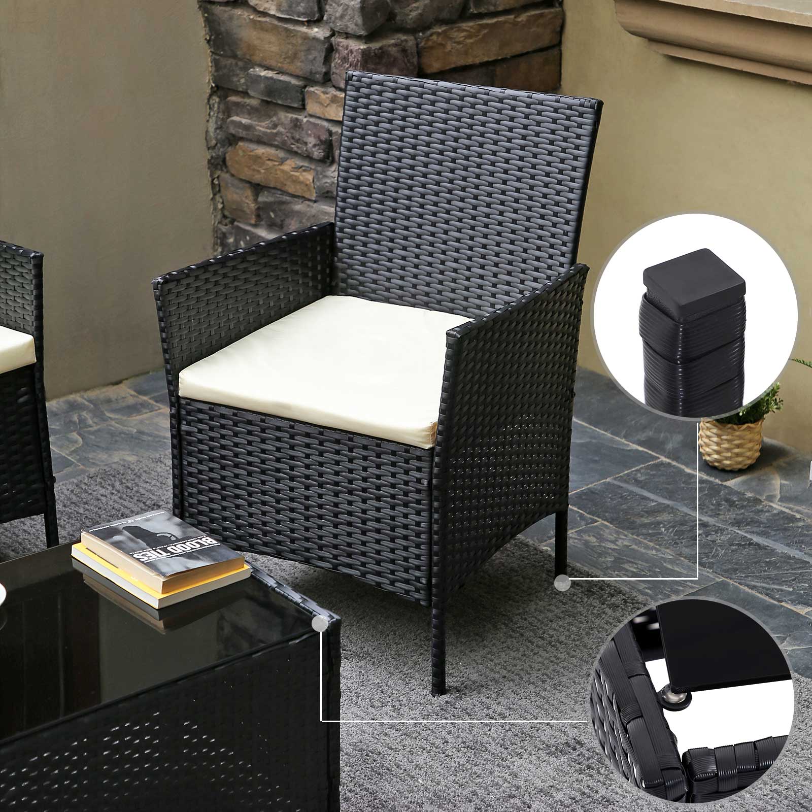 Garden Furniture Set – Polyrattan – Black and Beige – Outdoor Patio and Conservatory Use
