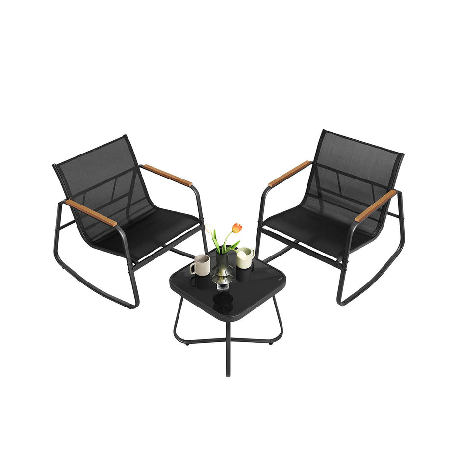 Patio Furniture Set – Steel – Ink Black – Includes 2 Rocking Chairs and Table with Armrests and Breathable Synthetic Fabric