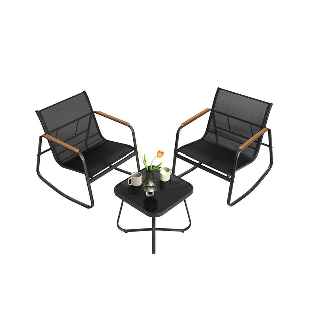 Patio Furniture Set – Steel – Ink Black – Includes 2 Rocking Chairs and Table with Armrests and Breathable Synthetic Fabric