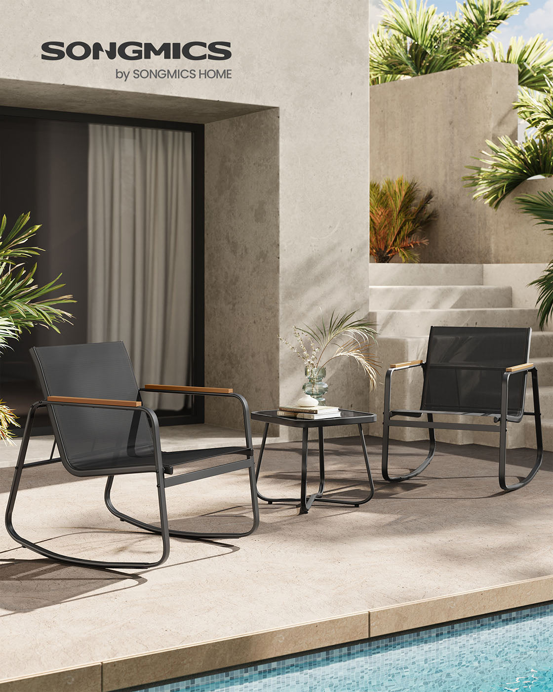 Patio Furniture Set – Steel – Ink Black – Includes 2 Rocking Chairs and Table with Armrests and Breathable Synthetic Fabric