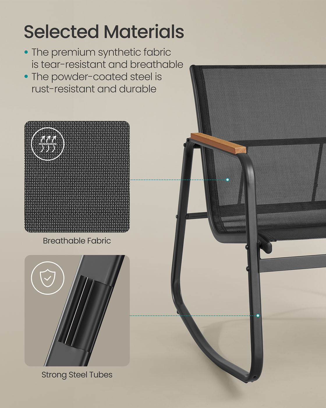 Patio Furniture Set – Steel – Ink Black – Includes 2 Rocking Chairs and Table with Armrests and Breathable Synthetic Fabric