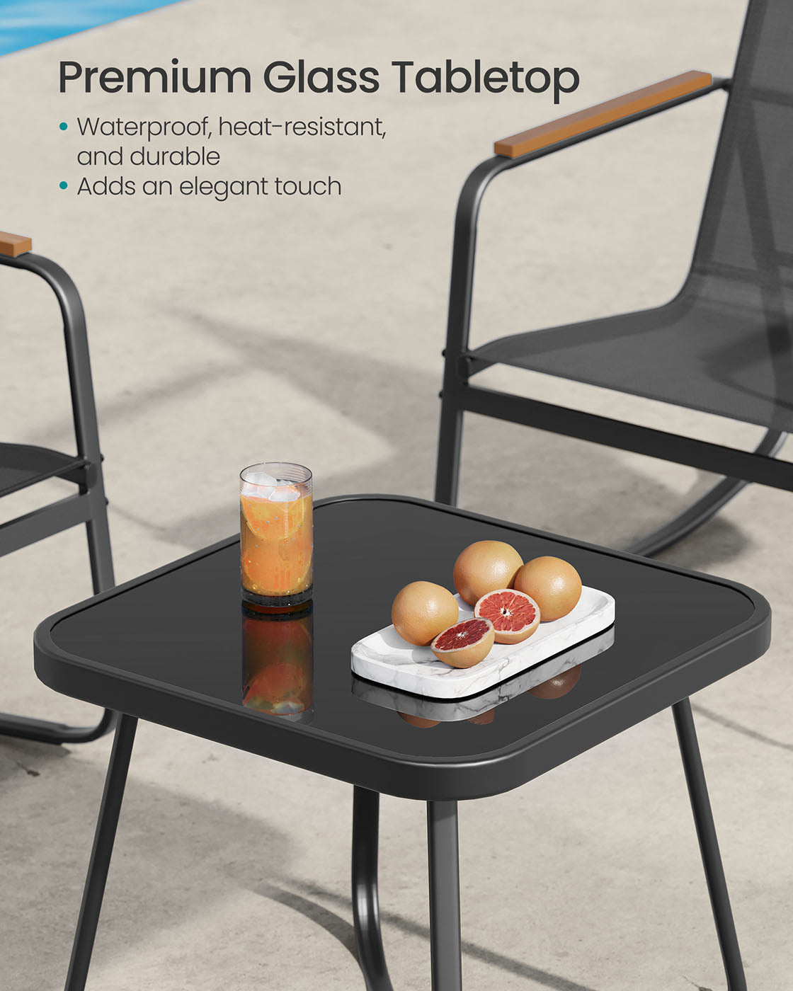 Patio Furniture Set – Steel – Ink Black – Includes 2 Rocking Chairs and Table with Armrests and Breathable Synthetic Fabric