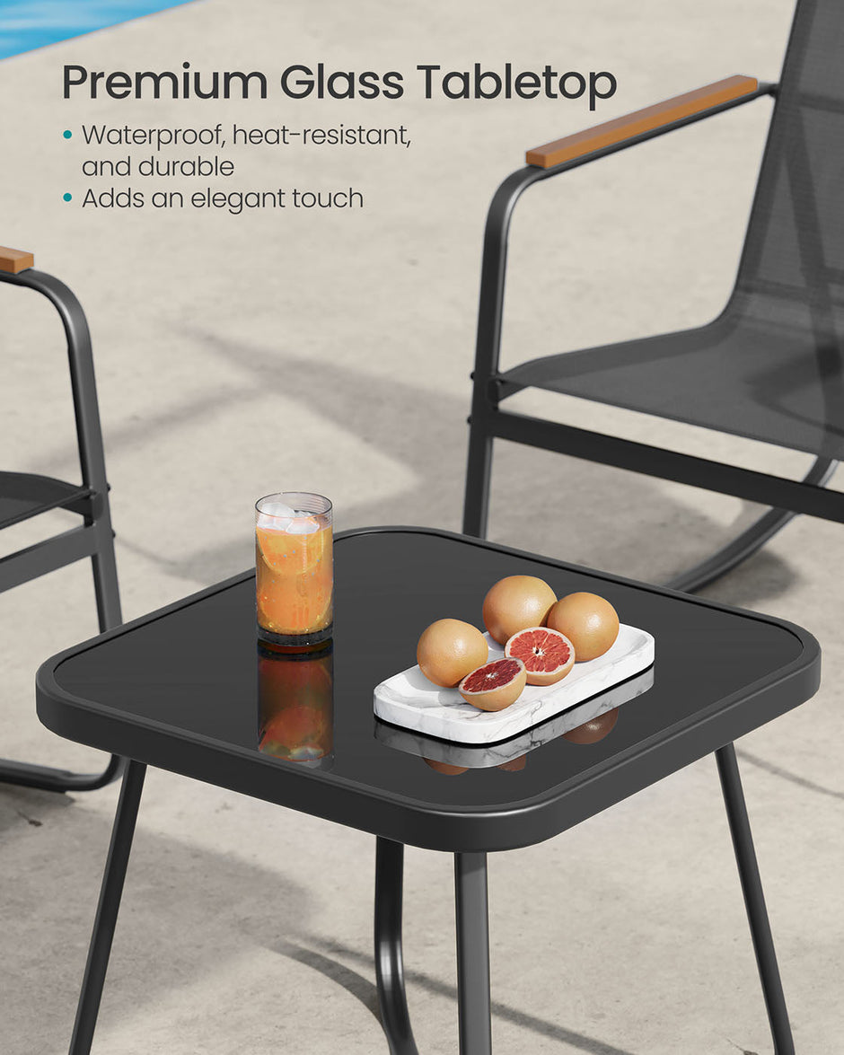 Patio Furniture Set – Steel – Ink Black – Includes 2 Rocking Chairs and Table with Armrests and Breathable Synthetic Fabric