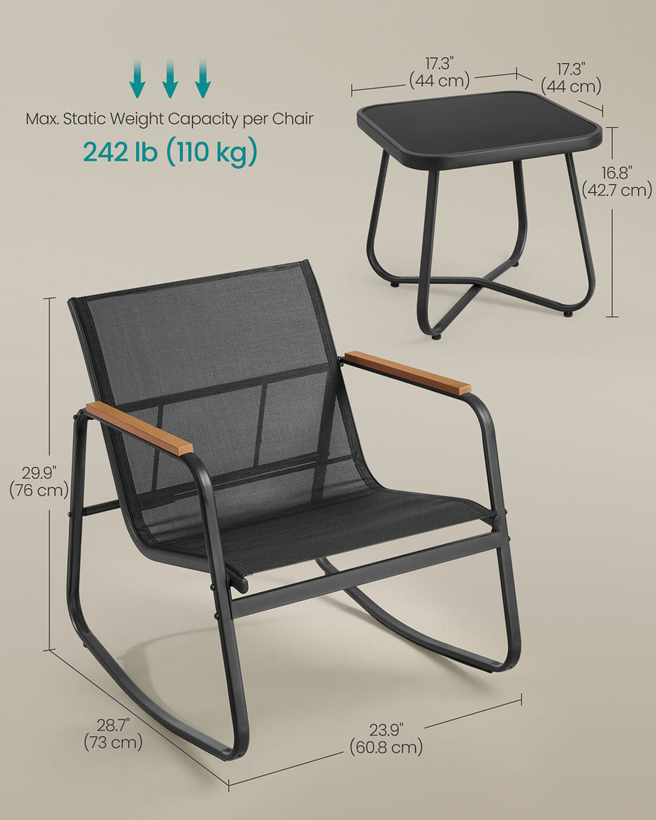 Patio Furniture Set – Steel – Ink Black – Includes 2 Rocking Chairs and Table with Armrests and Breathable Synthetic Fabric
