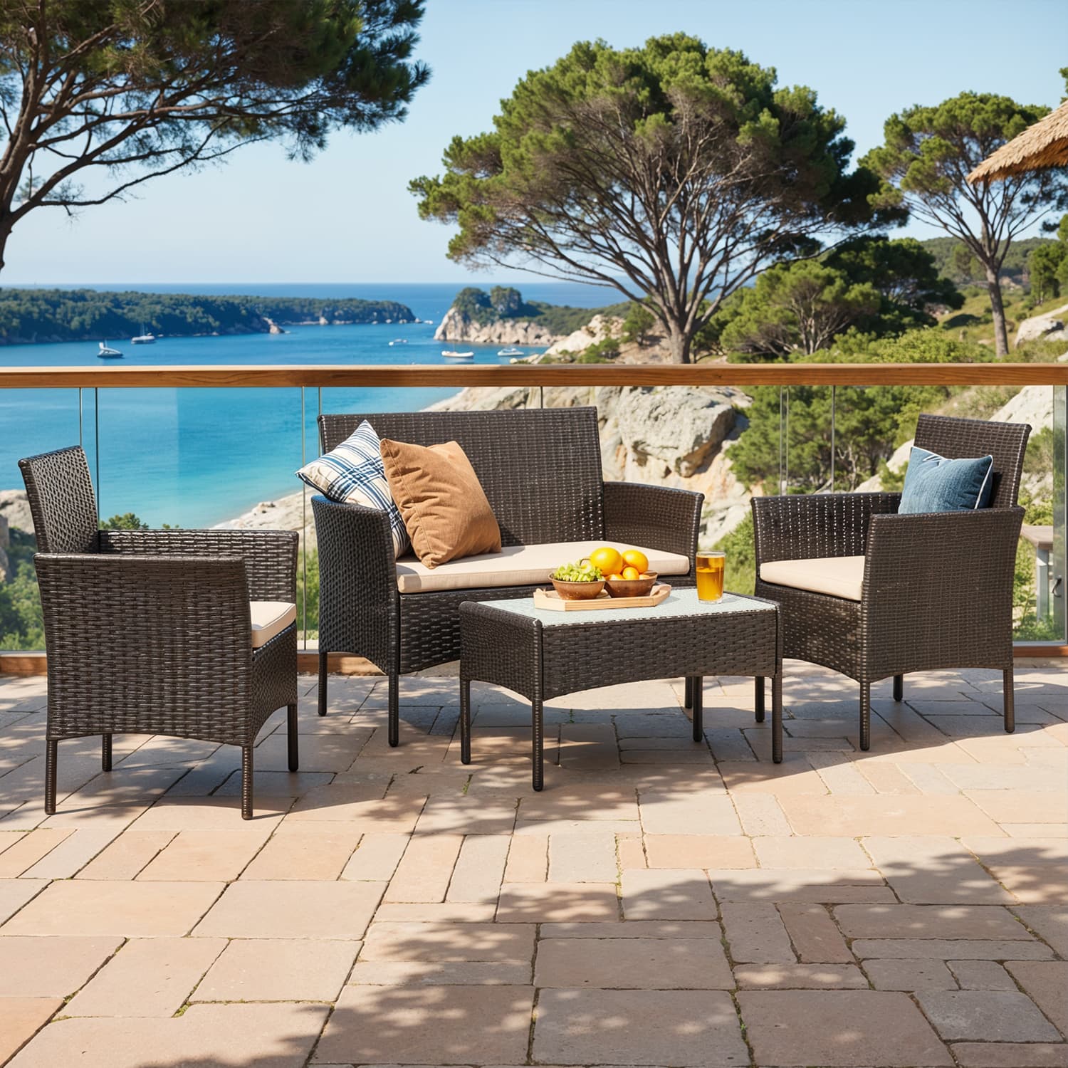 Polyrattan Garden Conversation Set – Brown and Taupe – Stylish Outdoor Furniture for Patio and Terrace