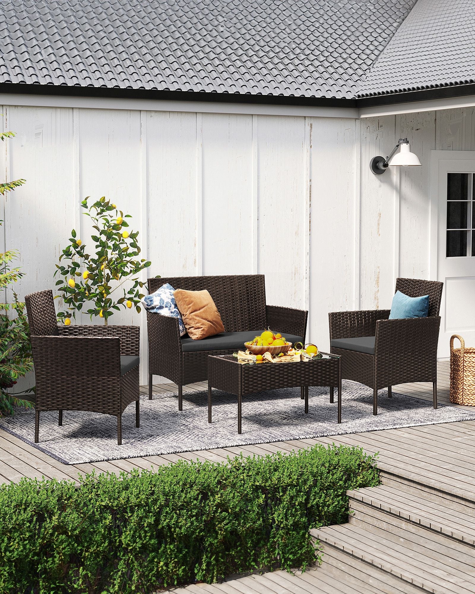 Outdoor Patio Furniture Set – Polyrattan – Black and Beige – Versatile for Garden, Balcony, and Backyard