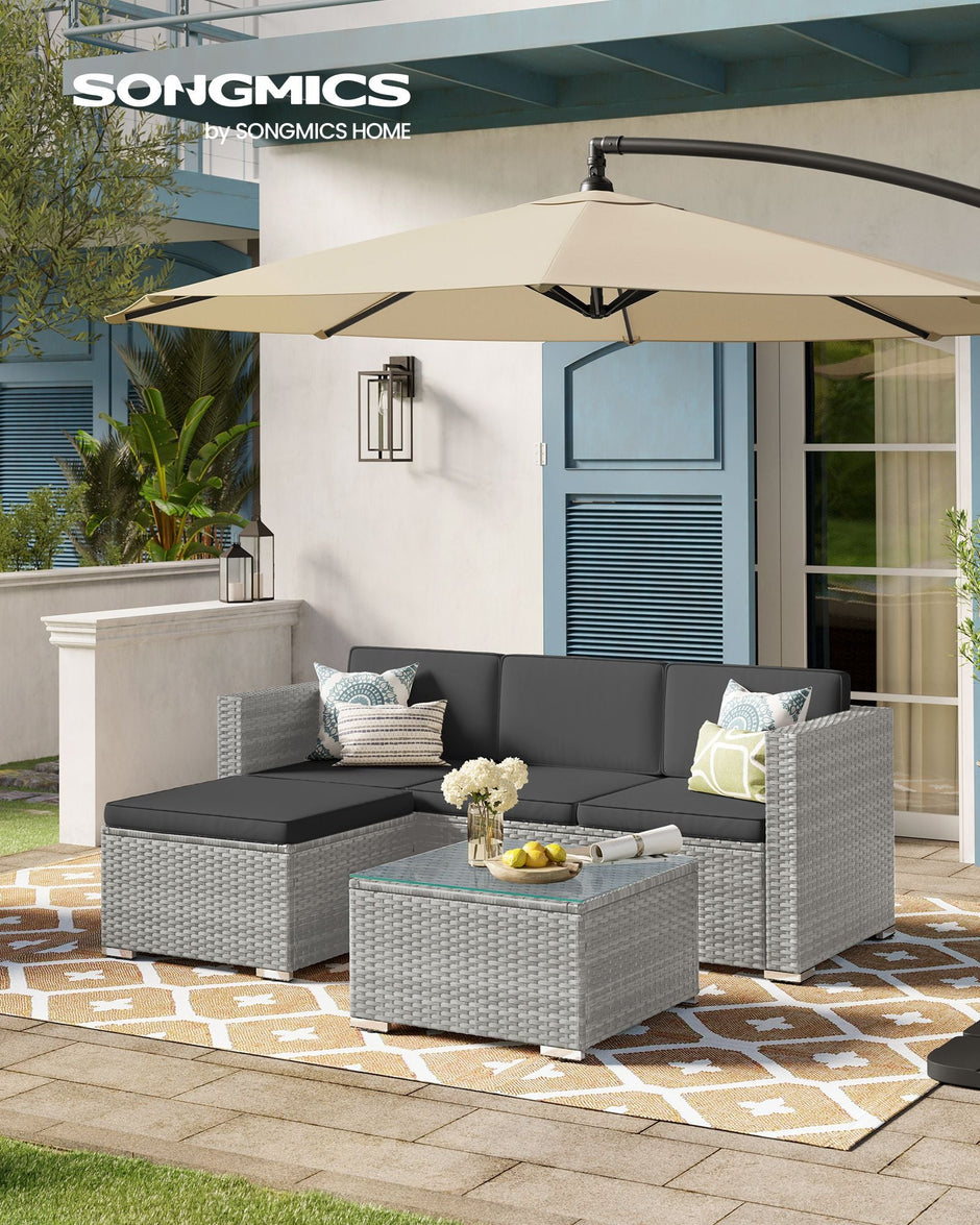 Garden Furniture Set – PE Rattan – Dark Grey – 5-Piece Outdoor Corner Sofa with Cushions and Glass Table