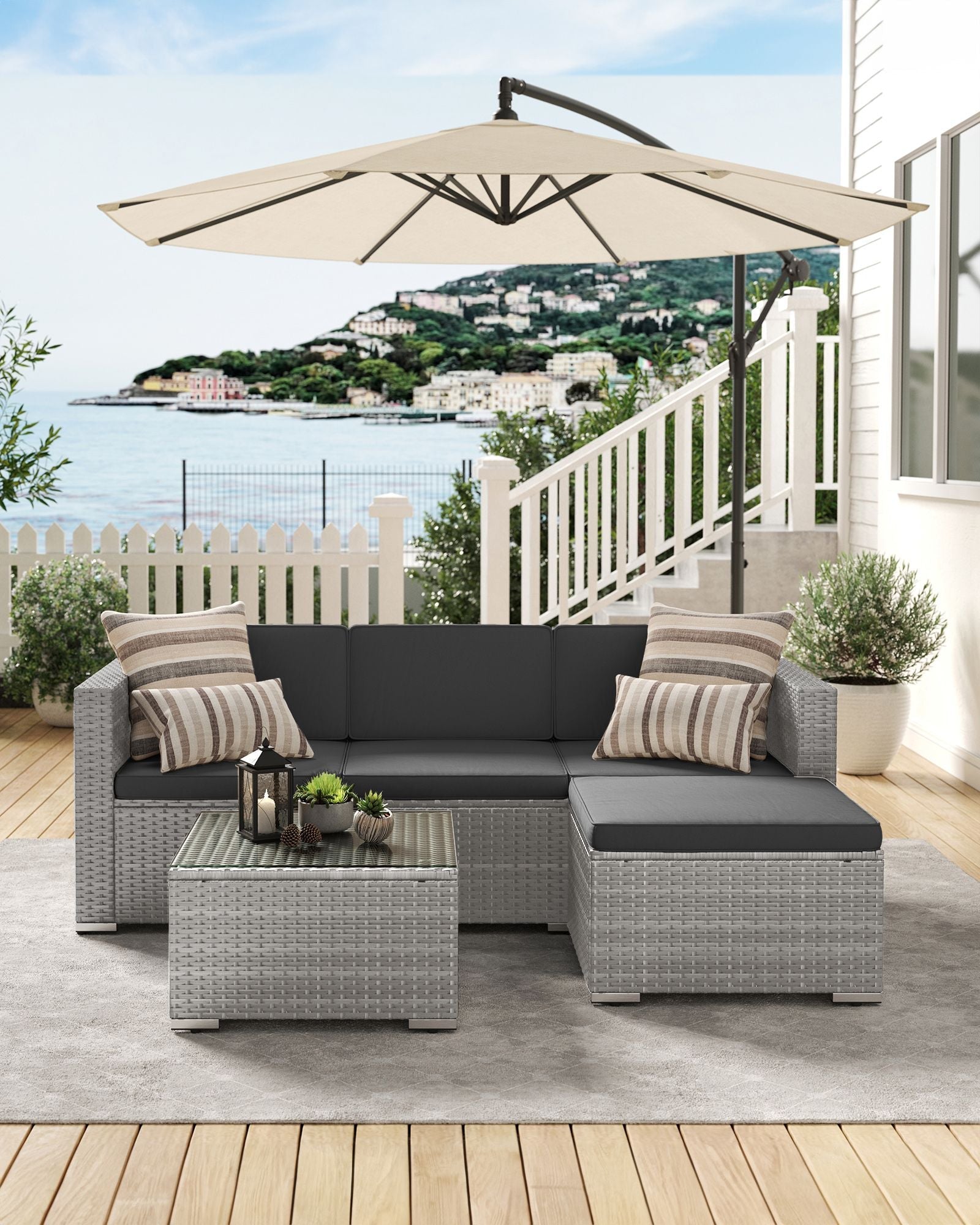 Garden Furniture Set – PE Rattan – Dark Grey – 5-Piece Outdoor Corner Sofa with Cushions and Glass Table