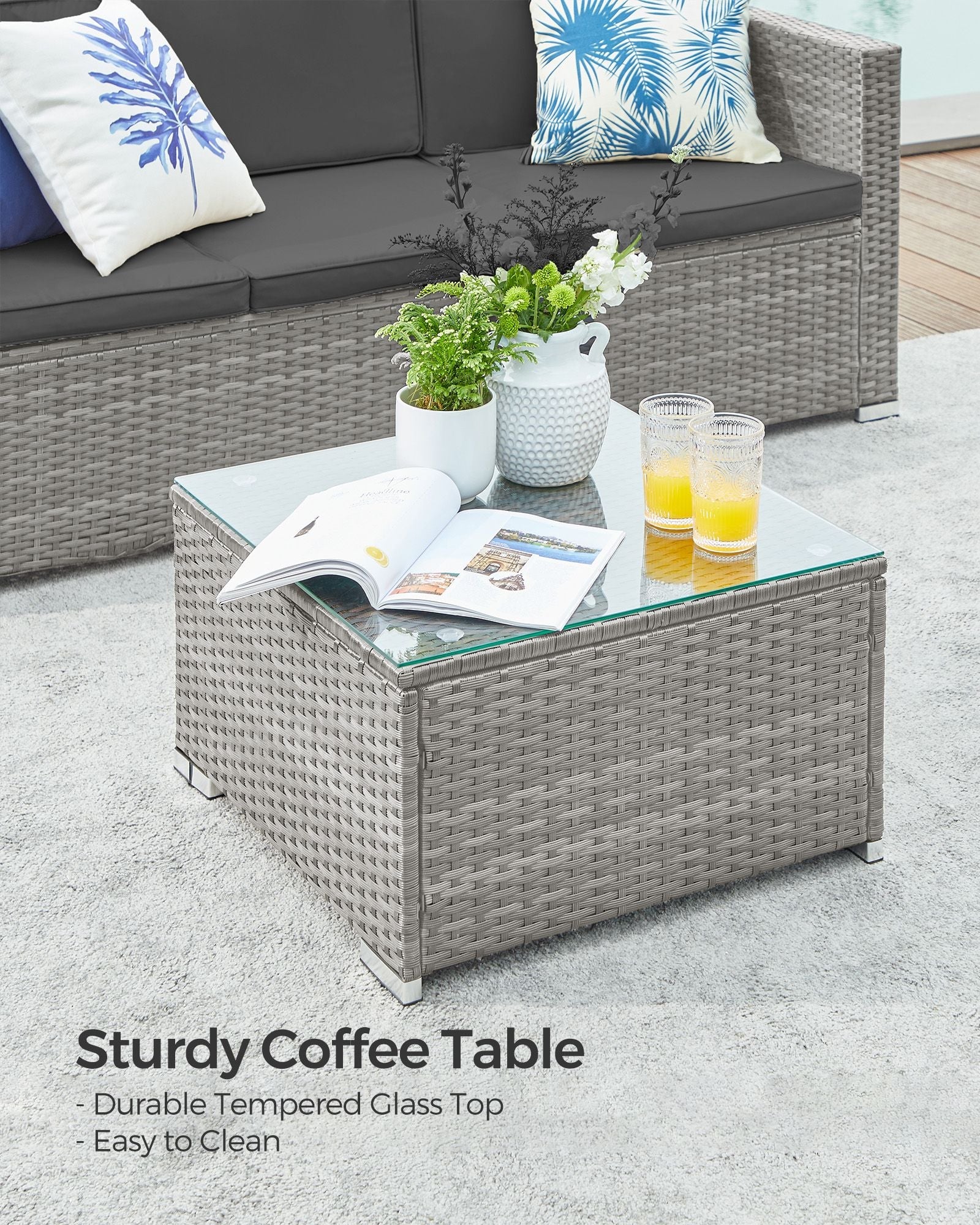 Garden Furniture Set – PE Rattan – Dark Grey – 5-Piece Outdoor Corner Sofa with Cushions and Glass Table