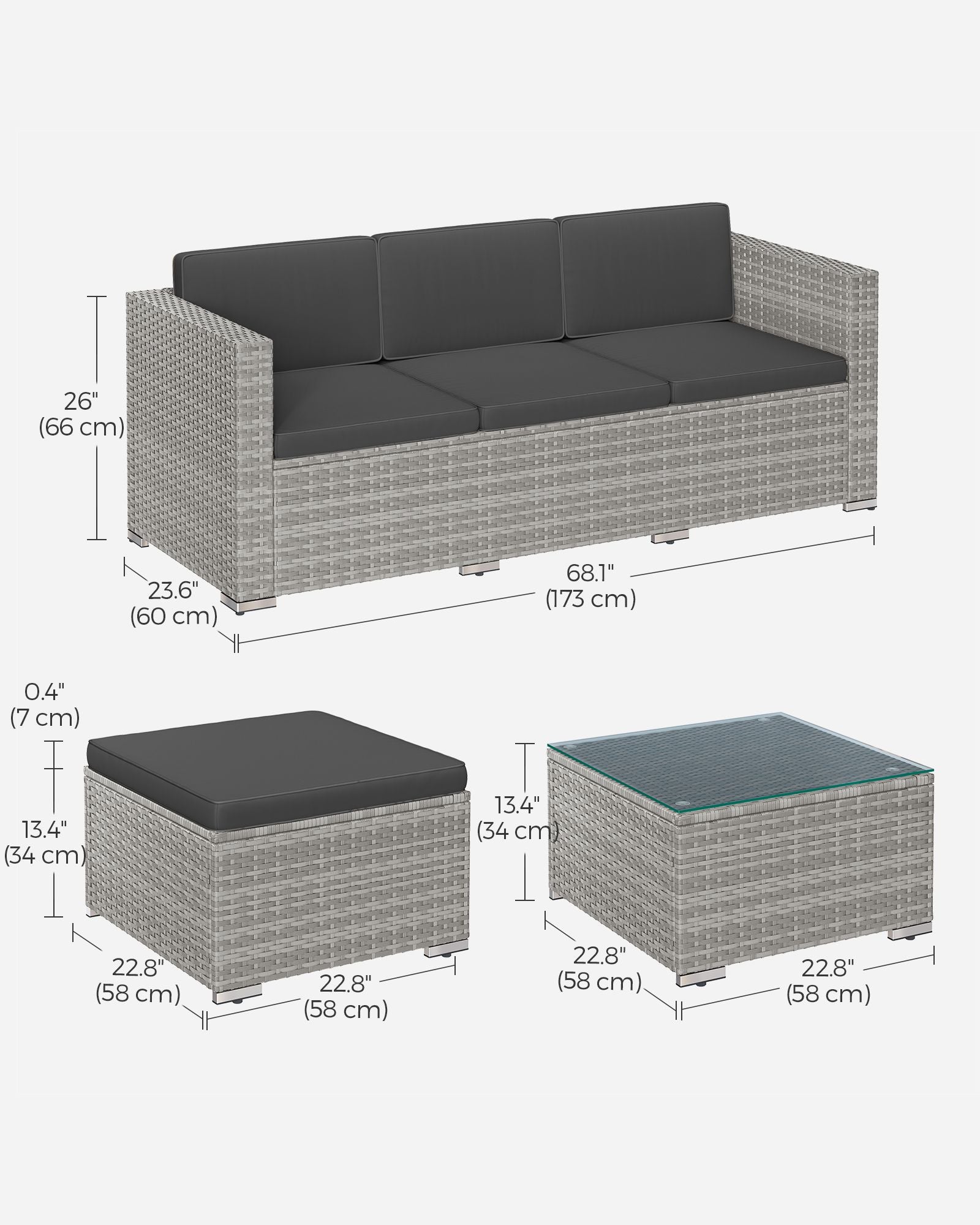 Garden Furniture Set – PE Rattan – Dark Grey – 5-Piece Outdoor Corner Sofa with Cushions and Glass Table