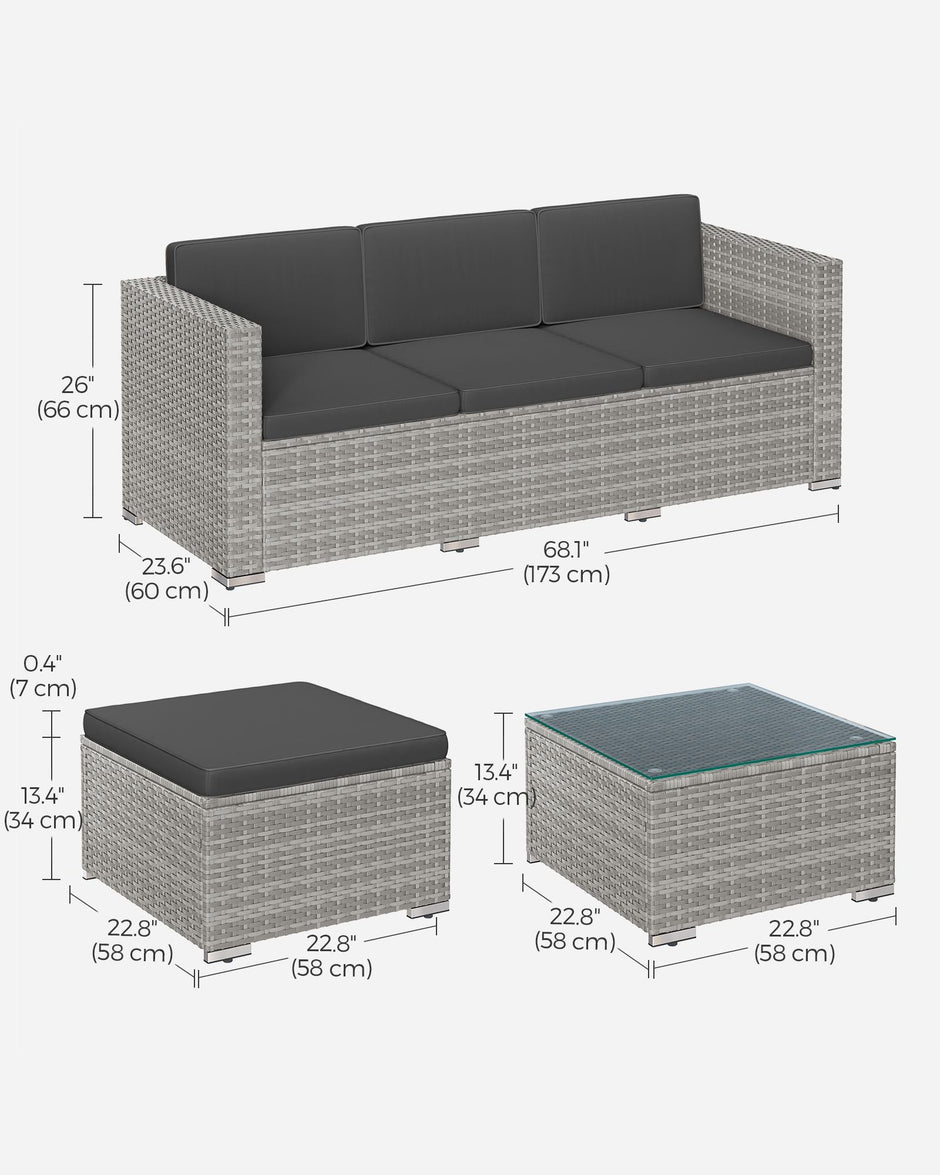Garden Furniture Set – PE Rattan – Dark Grey – 5-Piece Outdoor Corner Sofa with Cushions and Glass Table