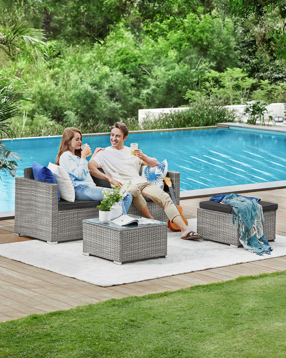 Garden Furniture Set – PE Rattan – Dark Grey – 5-Piece Outdoor Corner Sofa with Cushions and Glass Table